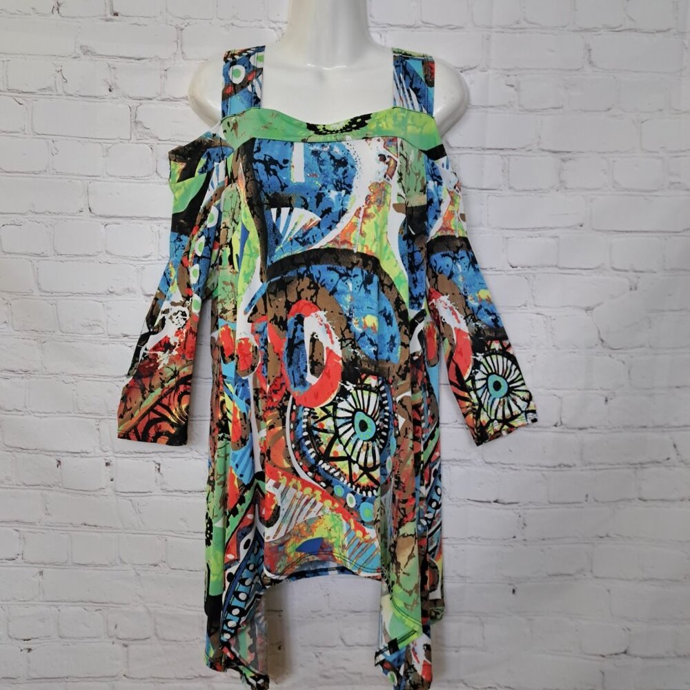 Come N See Abstract Cold-Shoulder Asymmetrical Top Size Small